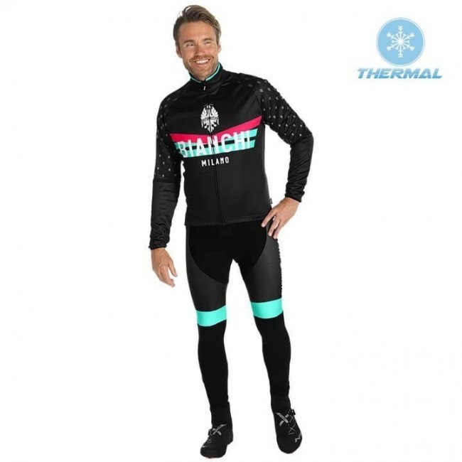 2019 Bianchi Milano PB Zwart Thermal Fietskleding Set Wielershirts Lange Mouw+Lange Wielrenbroek Bib 441LKVV