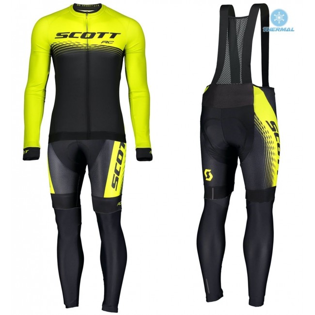 2019 Scott RC Zwart-Geel Thermal Fietskleding Set Wielershirts Lange Mouw+Lange Wielrenbroek Bib 610WMBC
