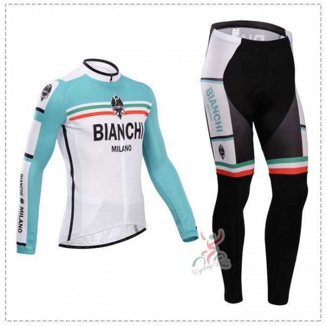 Bianchi 2014 Fietskleding Wielershirt Lange Mouw+Lange Fietsbroeken Wit Blauw