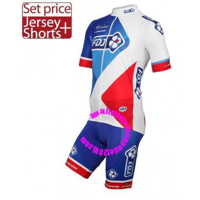2016 FDJ Fietskleding Set Fietsshirt Met Korte Mouwen+Korte Koersbroek Bleu